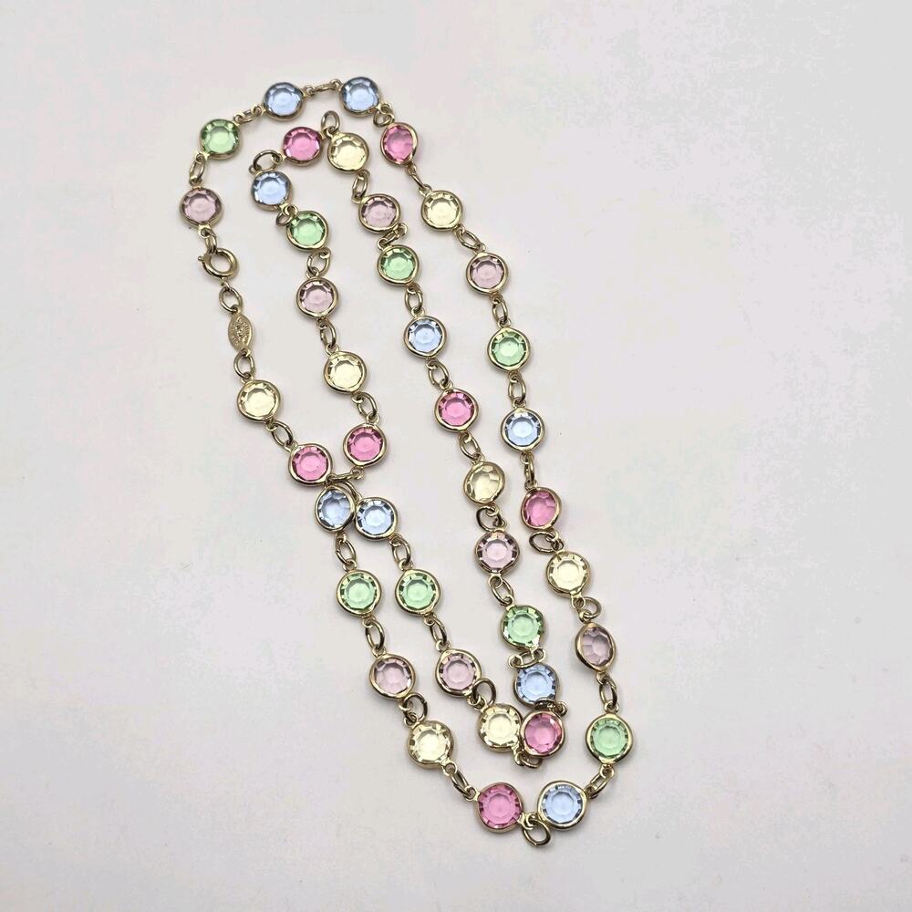 Australian Crystal Open Bezel Necklace Pastel Rainbow Gold Tone 24”